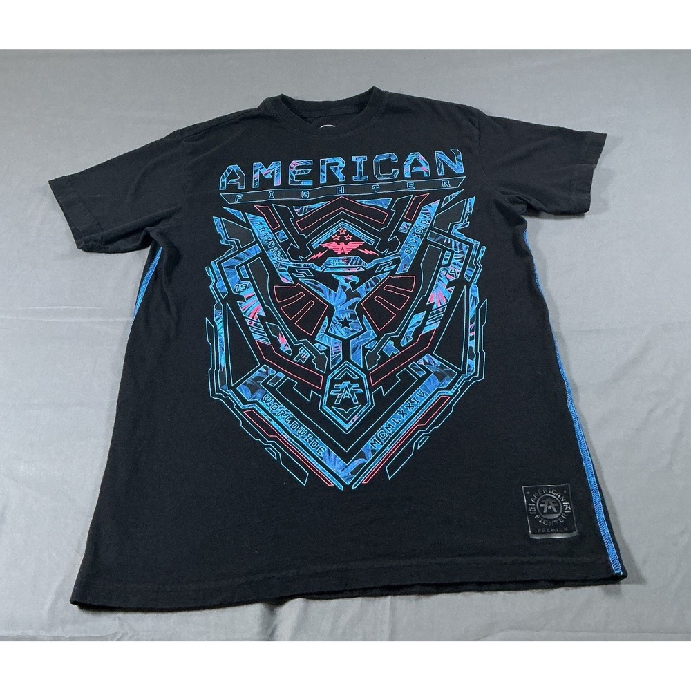 American Fighter Mens Graphic T-Shirt Black Blue Pink Shield Logo Size Medium